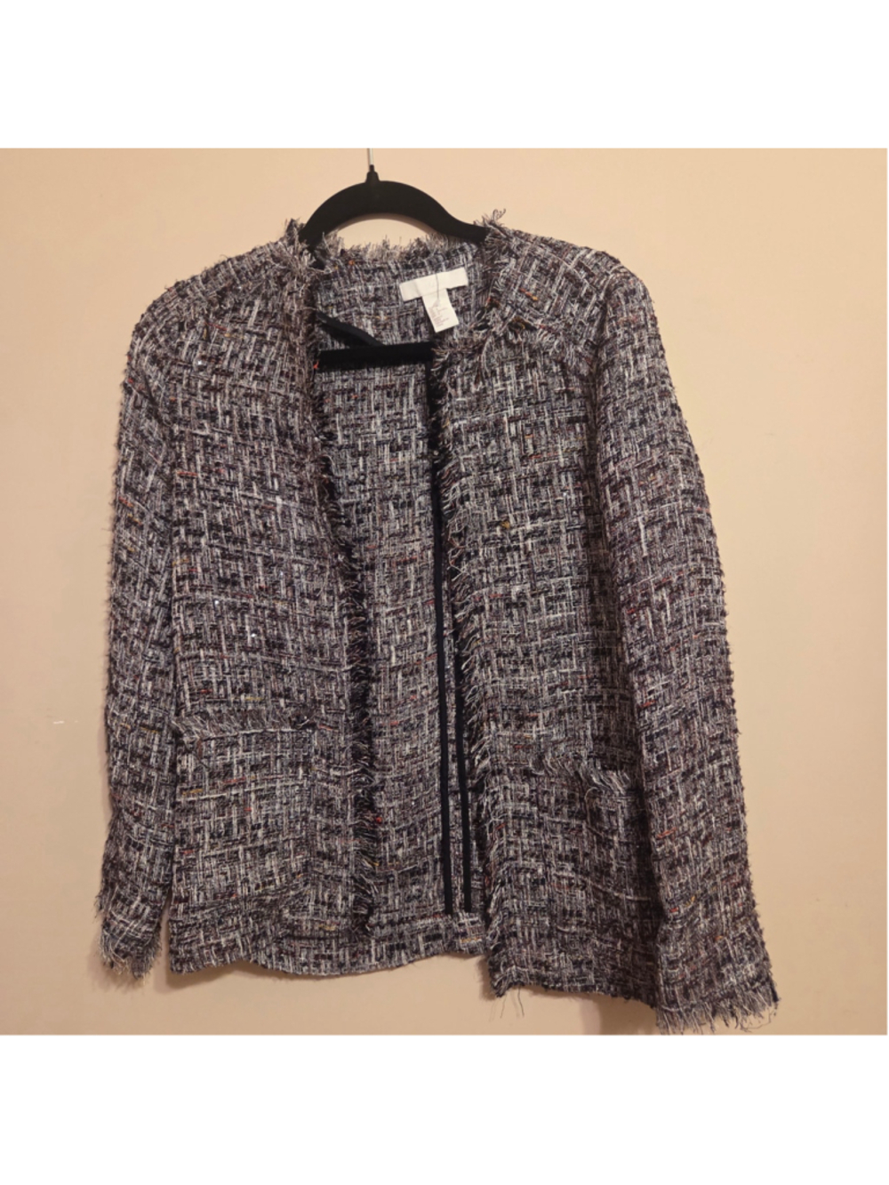 Women's H&M Tweed Blazer Jacket Size 4 Grey Black Frayed Edge